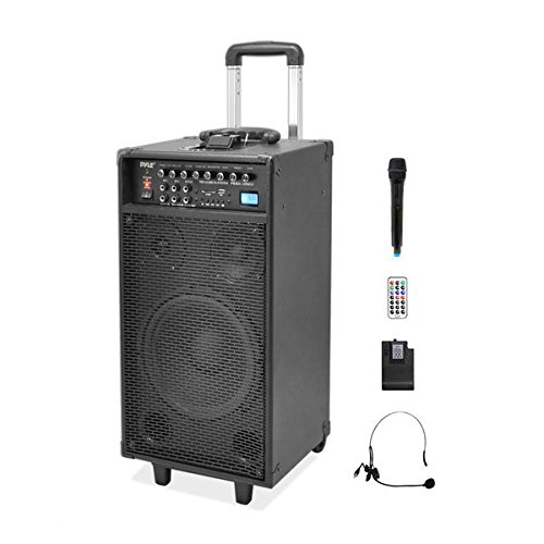 Pyle 800 Watt Outdoor Portable Wireless PA Loud speaker - 10'' Subwoofer Sound System with Charge Dock, Rechargeable Battery, Radio, USB / SD Reader, Microphone, Remote, Wheels - PWMA1090UI