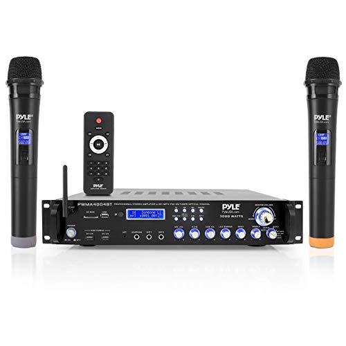 Pyle Bluetooth Multi-Channel Hybrid Pre-Amplifier System - 3000W Home Audio Rack Mount Stereo Power Amplifier Receiver w/ Radio, USB, UHF, Dual Wireless Karaoke mic, Speaker Sound System -  PWMA4004BT