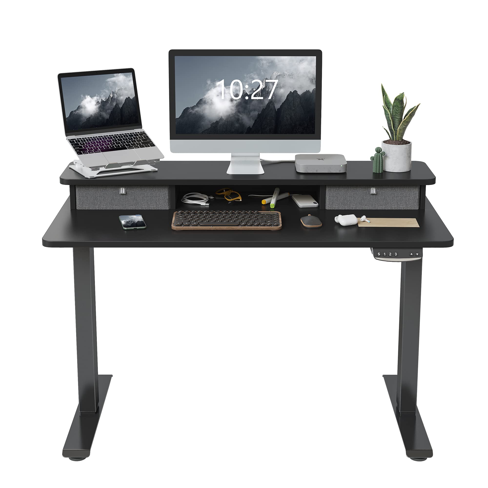 FEZIBO Height Adjustable Electric Standing Desk with Double Drawer, Table with Storage Shelf, Sit Stand Desk with Splice Board