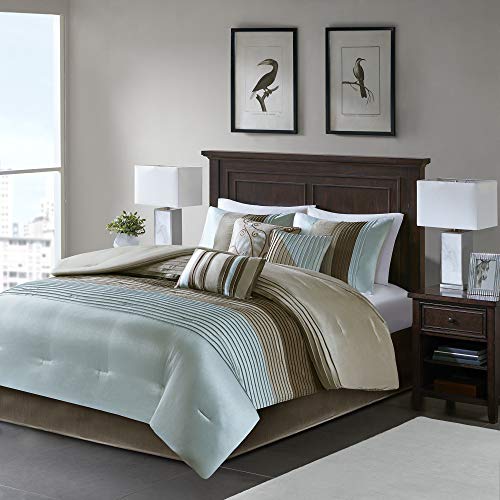 Madison Park Amherst Faux Silk Comforter Set-Casual Contemporary Design All Season Down Alternative Bedding, Matching Shams, Bedskirt, Decorative Pillows, Cal King(104