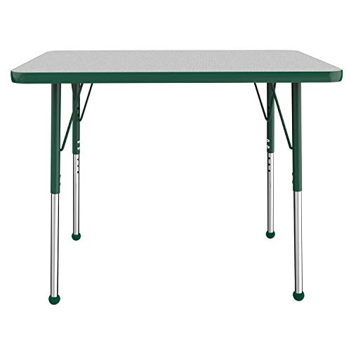 Factory Direct Partners FDP Rectangle Activity School and Office Table (24 x 36 inch), Standard Legs with Ball Glides, Adjustable Height 19-30 inches - Gray Top and Green Edge