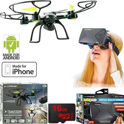 Xtreme Ready-To-Fly 2.4Ghz 6 Axis Gyro Aerial Quadcopter Drone with Camera (05461) with Bundle Includes VR Vue Virtual Reality Viewer for Smartphones + 16GB MicroSD Memory Card