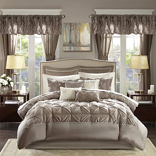 Madison Park Essentials Joella 24 Piece Room in a Bag Comforter Luxurious Diamond Tufting Matching Curtains Luxe Soft Down Alternative Hypoallergenic All Season Bedding-Set, King, Taupe