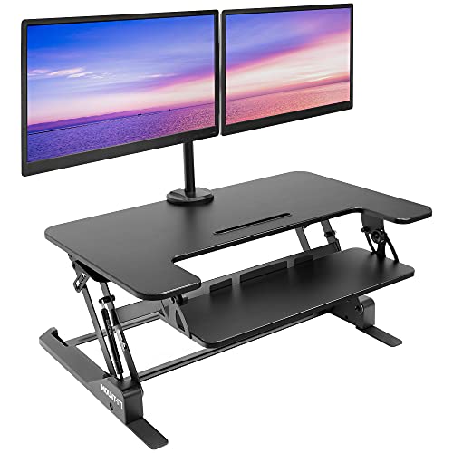 Mount-It! Standing Desk Converter with Bonus Dual Monitor Mount Included - Height Adjustable Stand Up Desk - Wide 36 Inch Sit Stand Workstation with Gas Spring Lift- Black (MI-7934)