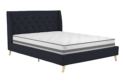 Novogratz Her Majesty Upholstered Linen Bed, Tufted Wingback Design and Wooden Legs, Full Size - Blue Linen