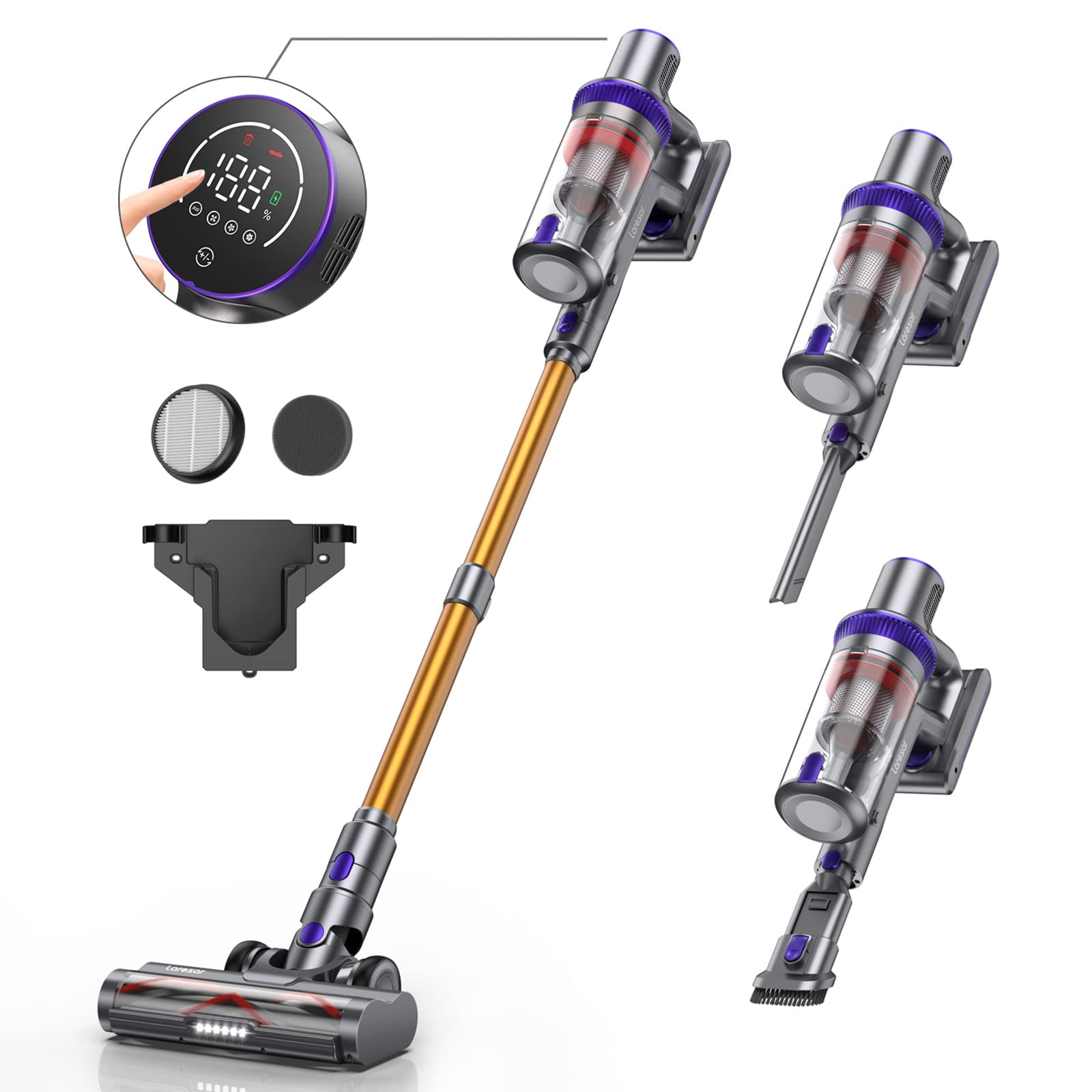 Laresar Cordless Vacuum Cleaner, 400W/33000pa Stick Vacuum Cleaner with Touch Screen, Up to 50 Mins Runtime, Handheld Anti-Tangle Vacuum Cleaner, Edge Cleaning, Pet Hair, Carpet and Hardwood Floor