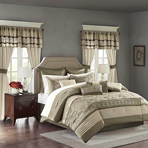 Madison Park Jelena Room in A Bag Faux Silk Comforter Classic Luxe All Season Down Alternative Bed Set with Bedskirt, Matching Curtains, Decorative Pillows, Cal King, Natural, 24 Piece