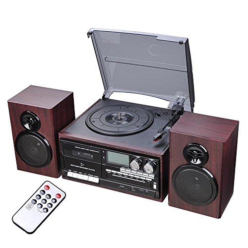 AW Classic Bluetooth Record Player System w/ 2 Speakers 3-Speed Stereo Turntable System CD/Cassette Player AM/FM