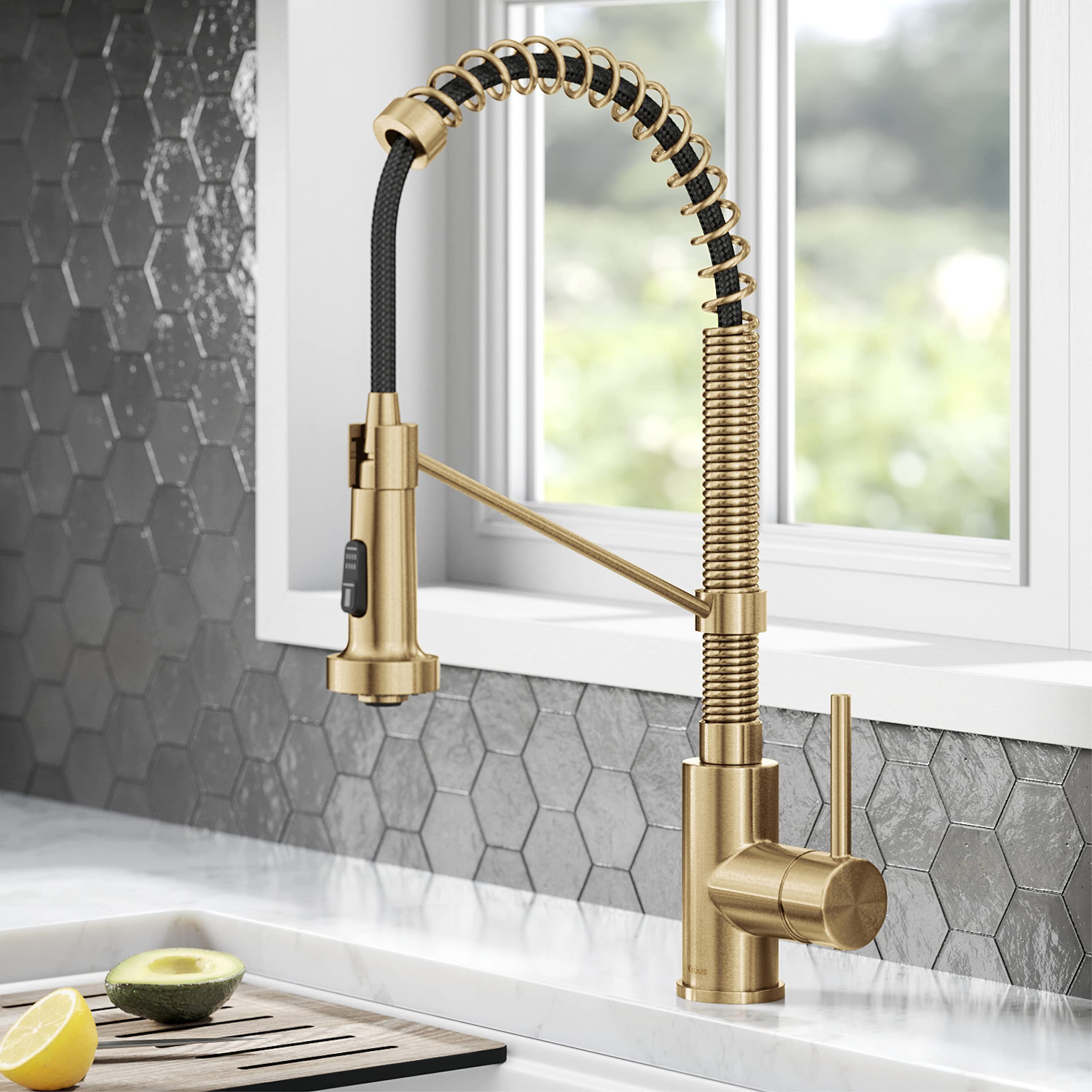 Kraus Bolden Commercial Style Pull-Down Single Handle 18-Inch Kitchen Faucet in Brushed Brass, KPF-1610BB