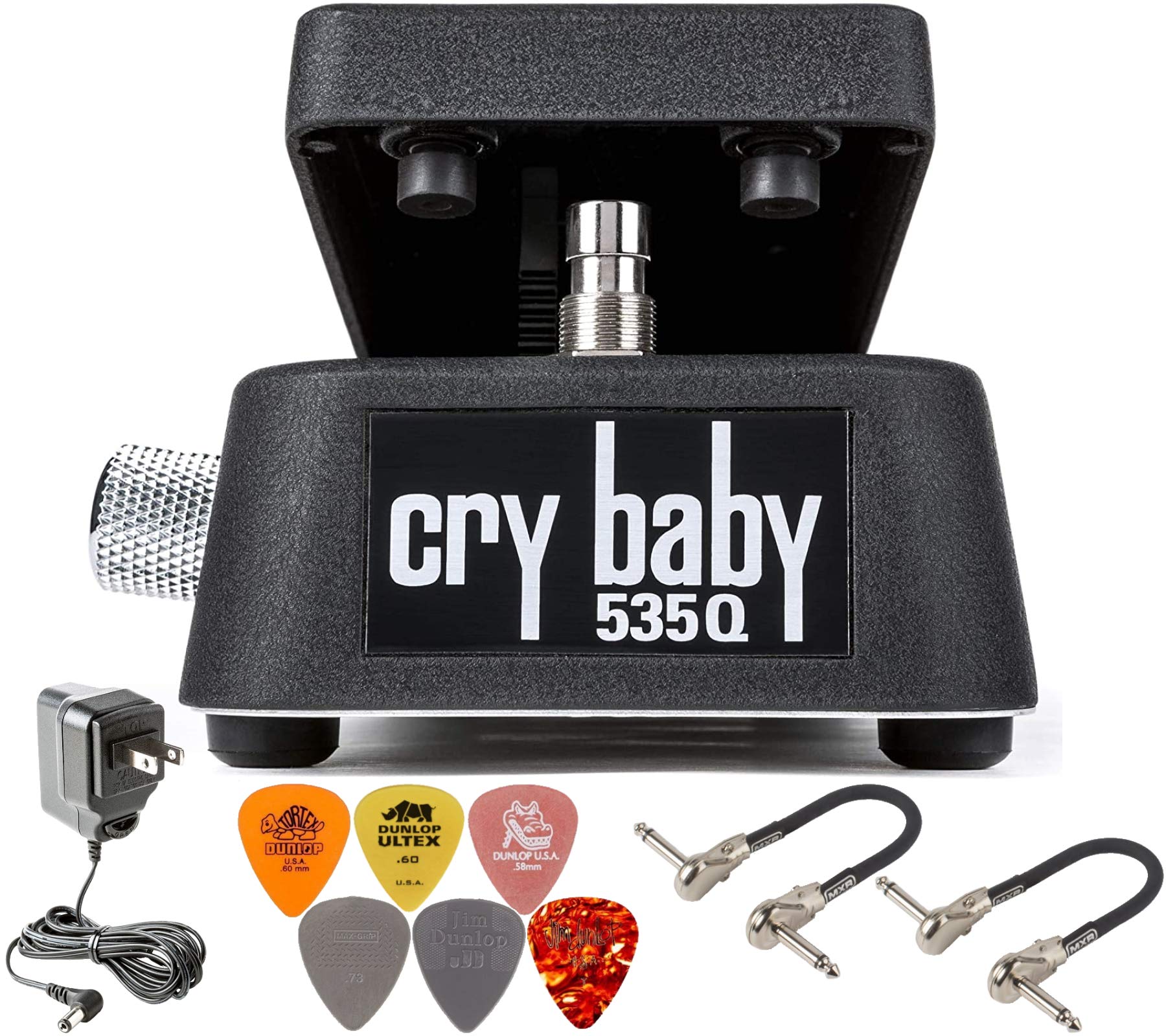 MXR Dunlop 535Q Cry Baby Multi-Wah Pedal Bundle with 2  Patch Cables, Dunlop ECB003 Power Supply, and 6 Assorted Dunlop Picks
