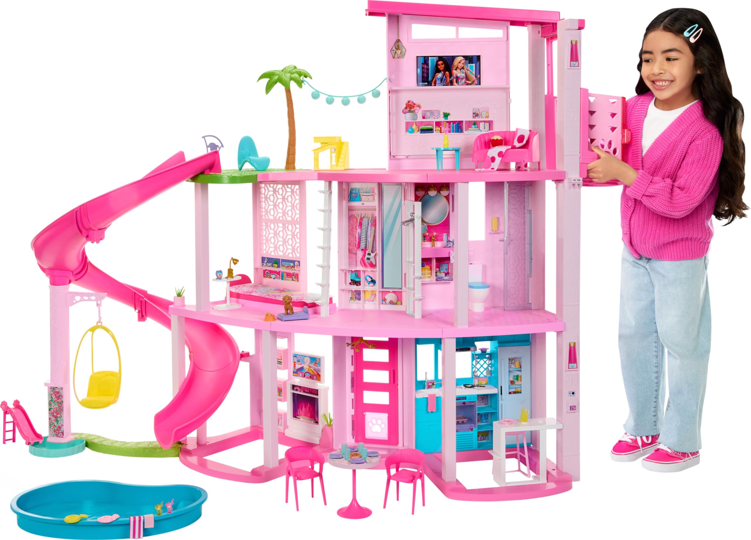 Barbie Dreamhouse 2023, Pool Party Doll House with 75+ Pieces and 3-Story Slide,  House Playset, Pet Elevator and Puppy Play Areas​
