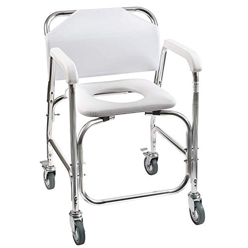 Duro-Med DMI Rolling Shower and Commode Transport Chair with Wheels and Padded Seat for Handicap, Elderly, Injured and Disabled, 250 lb Weight Capacity