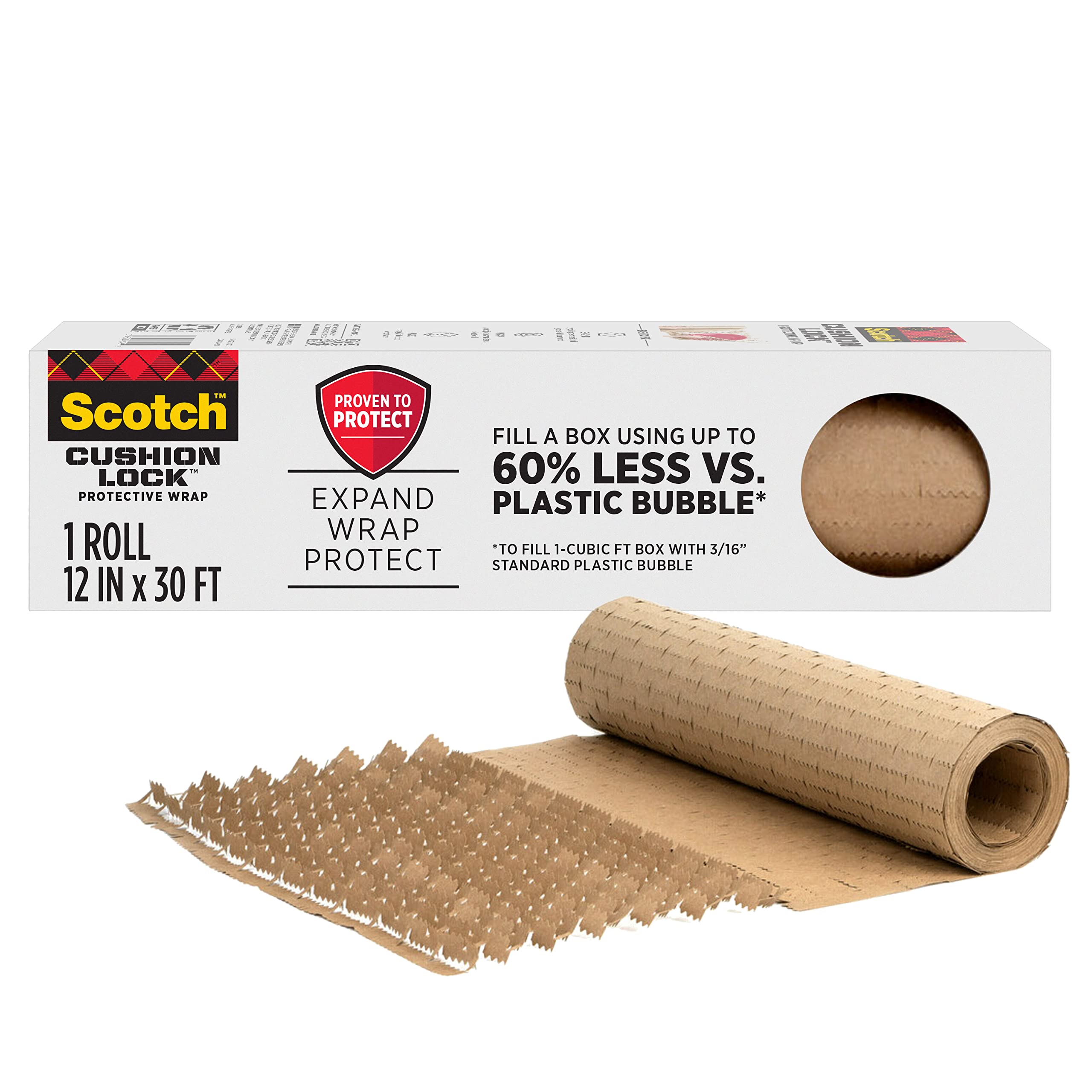 Scotch Cushion Lock Protective Wrap, 12 in x 30 ft, Sustainable Packaging Solution for Packing, Shipping and Moving, No Scissors or Tape Needed, Great Alternative to Bubble Cushion Wrap (PCW-1230)