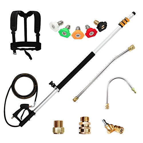 EDOU 20 feet High Pressure Power Washer Telescoping Lance Extension Wand - 1/4 Inch Quick Connection, 5 Spray Nozzle Tips, 2 Wand Pivoting Couplers, 2 Adapters, Support Harness - 4000 PSI Max Pressure