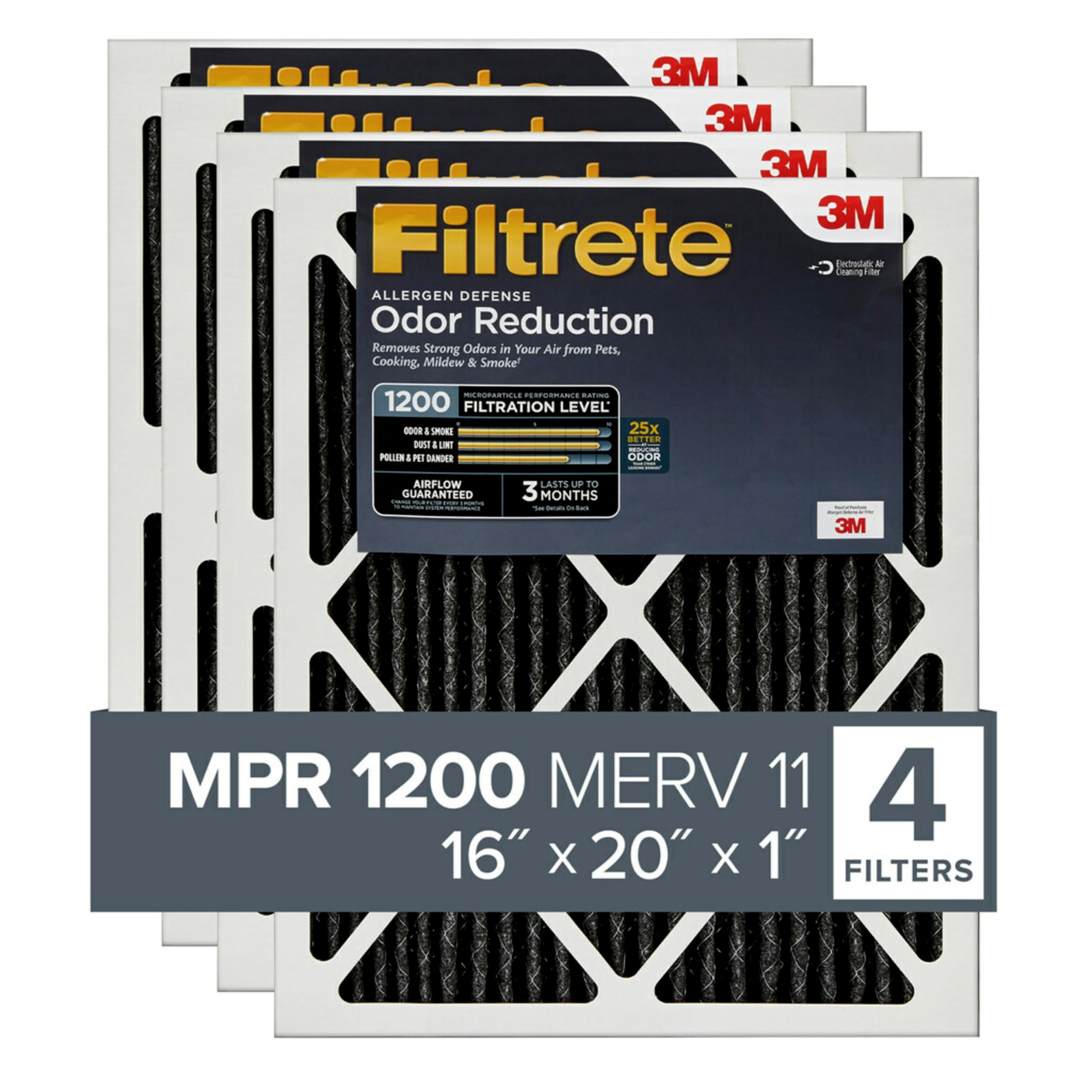 Filtrete 16x20x1 Air Filter MPR 1200 MERV 11, Allergen Defense Odor Reduction, 4-Pack (exact dimensions 15.69x19.69x0.81)