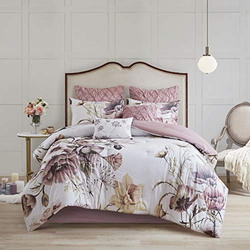 Madison Park Cassandra 8 Pc 100% Cotton Percale Large Floral Print with Reverse Solid Embroidered and Tufted Toss Pillows Shabby Chic All Season Comforter Bedding Set, Queen(90