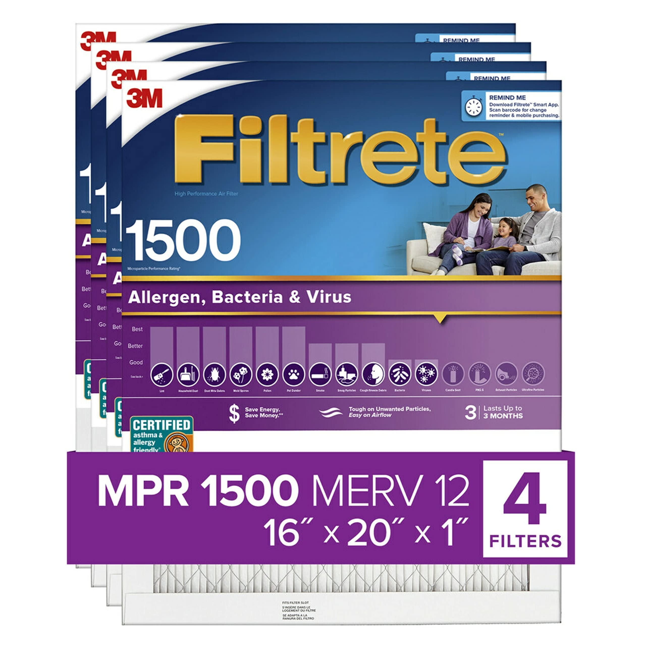 Filtrete 16x20x1 Air Filter, MPR 1500, MERV 12, Healthy Living Ultra-Allergen 3-Month Pleated 1-Inch Air Filters, 4 Filters