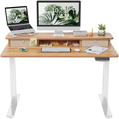 FEZIBO Height Adjustable Electric Standing Desk with Double Drawer, Table with Storage Shelf, Sit Stand Desk with Splice Board