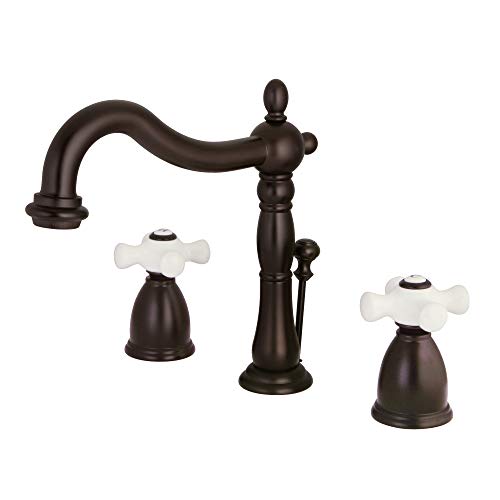 KINGSTON BRASS KB1975PX Heritage Widespread Lavatory Faucet with Porcelain Cross Handle, Oil Rubbed Bronze,8-Inch Adjustable Center