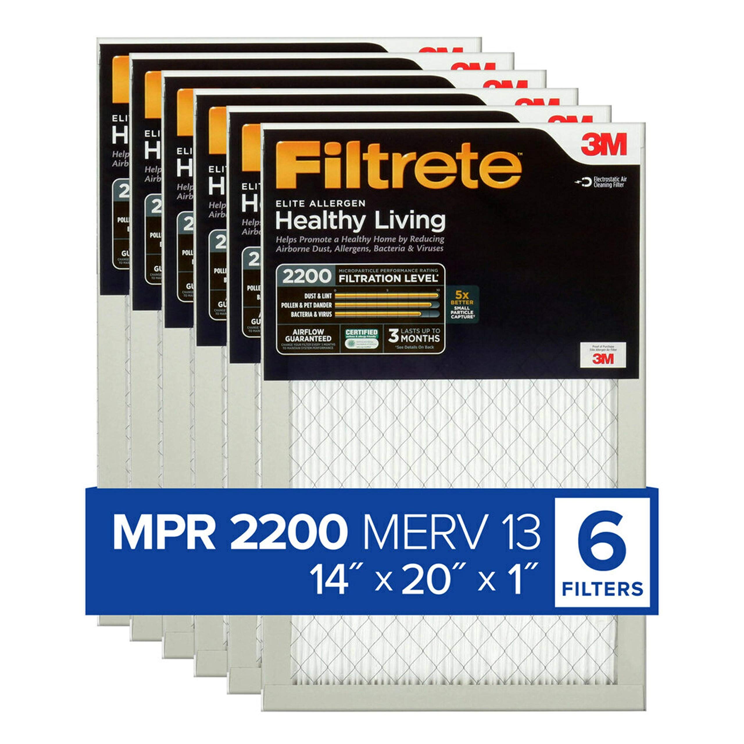 Filtrete 14x20x1 Air Filter, MPR 2200, MERV 13, Healthy Living Elite Allergen 3-Month Pleated 1-Inch Air Filters, 6 Filters