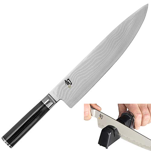 Shun DM0707 Classic Stainless-Steel Chef's Knife, 10-Inch & Kai Diamond and Ceramic Retractable Knife Sharpener (Bundle)