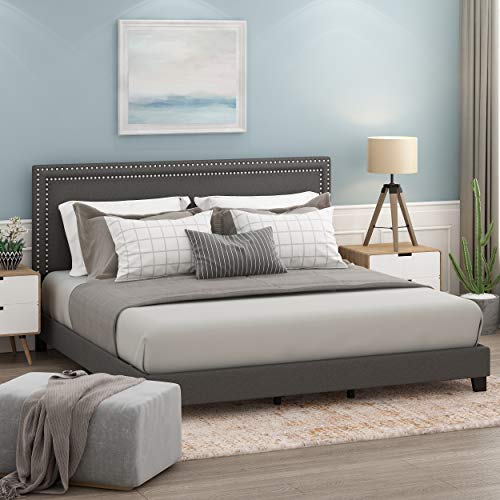 Furinno Laval Double Row Nail Head Upholstered Platform Bed Frame, King, Stone