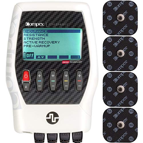 Compex Performance 2.0 Muscle Stimulator with TENS Bundle Kit: Muscle Stim, 12 Snap Electrodes, 6 Programs, Lead Wires, Battery, Case / 3 strength, 1 warm-up, 1 recovery, 1 TENS