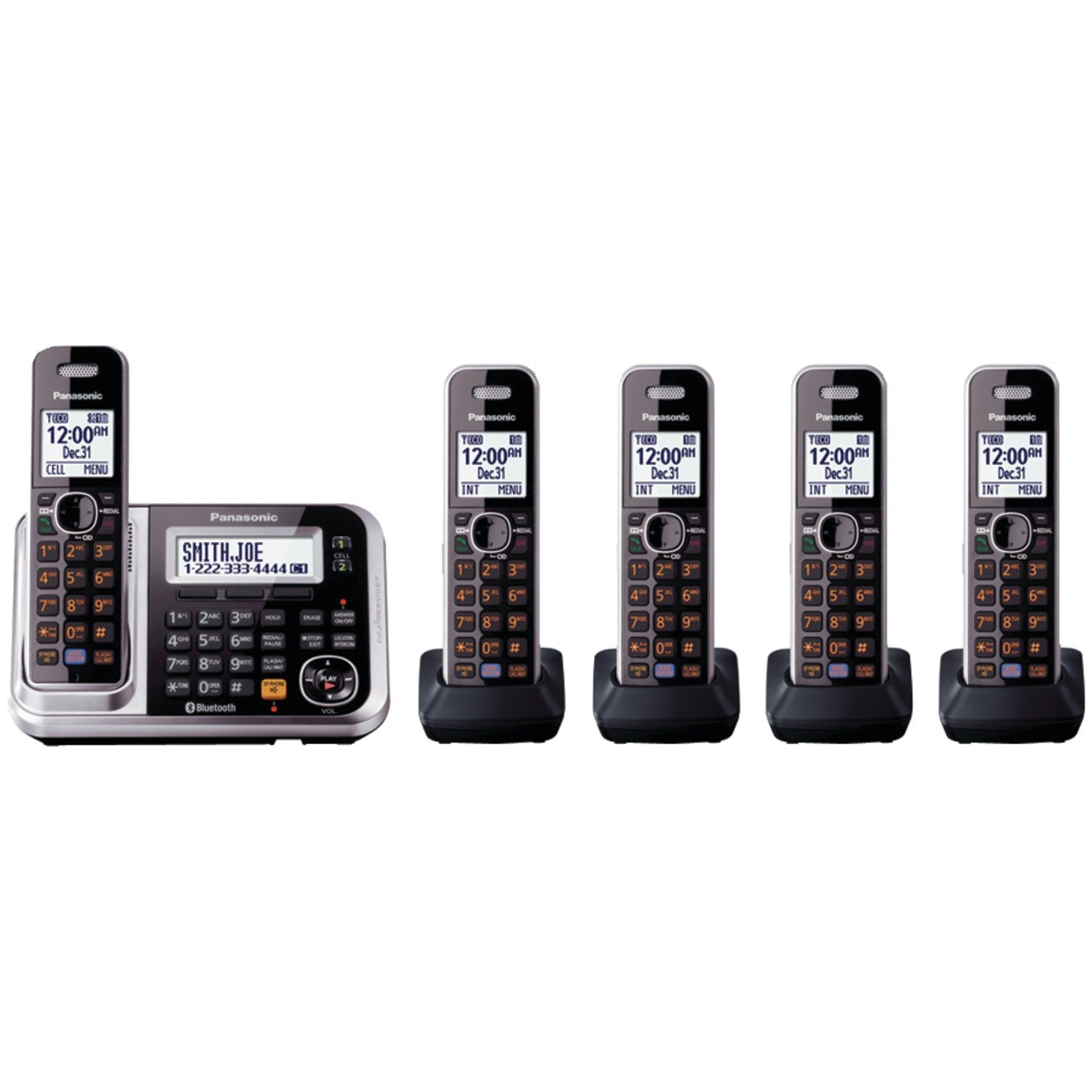Panasonic Link2Cell KX-TG7875S DECT 6.0 1-Line Bluetooth Cordless Phone with Enhanced Noise Reduction & Digital Answering Machine - 5 Handsets, Black/Silver