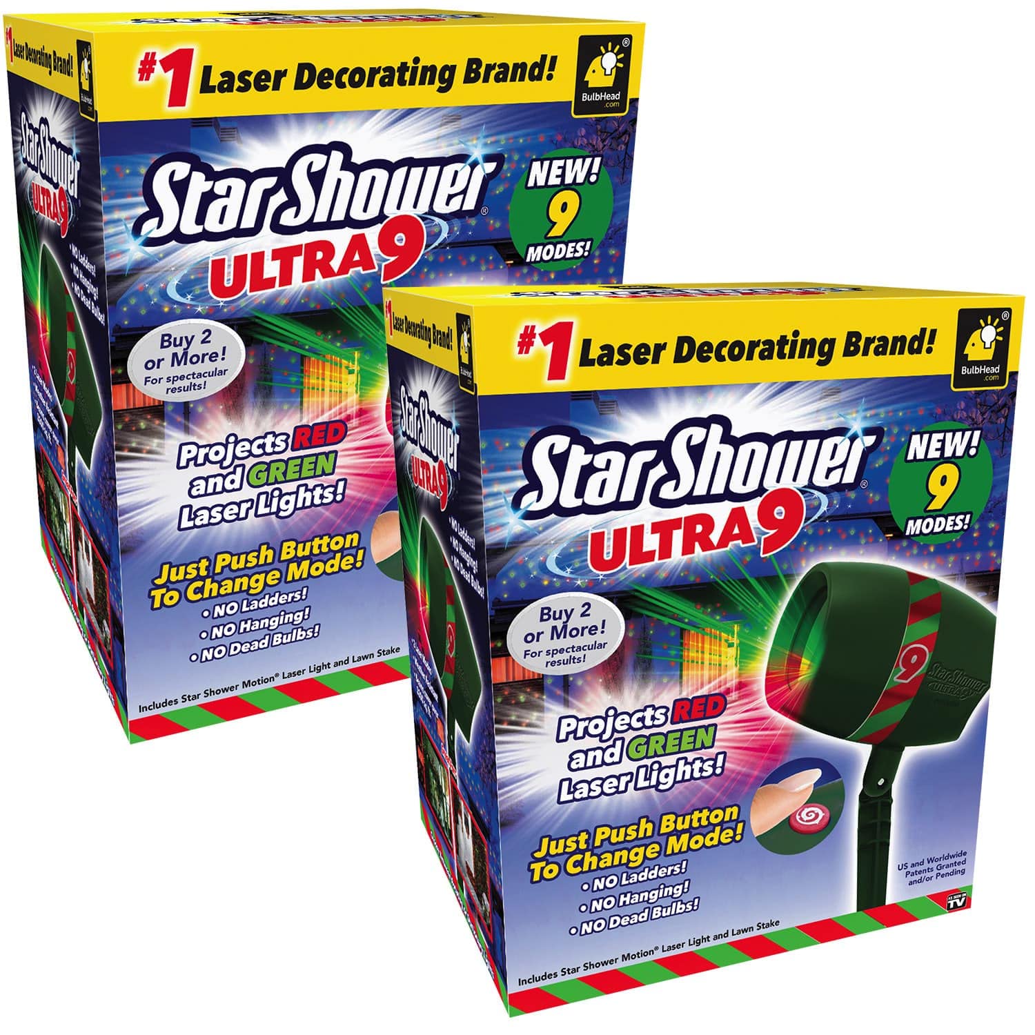 Star Shower Ultra 9 AS-SEEN-ON-TV with 9 Enhanced Modes for Spectacular Outdoor Holiday Laser Lighting with Thousands of Lights Covering 3200 Square feet, Pack of 2