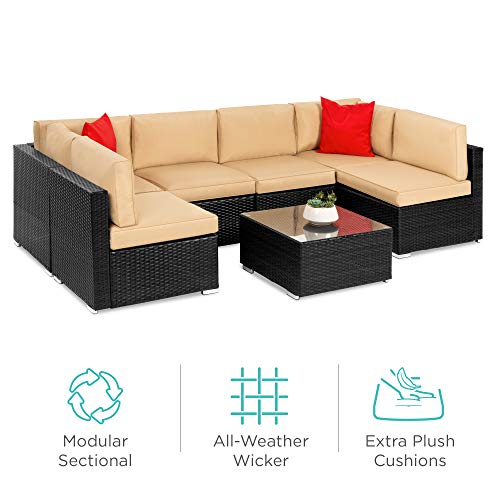 Best Choice Products 7-Piece Modular Outdoor Sectional Wicker Patio Furniture Conversation Set w/ Cover, Seat Clips, 6 Chairs, Coffee Table - Black