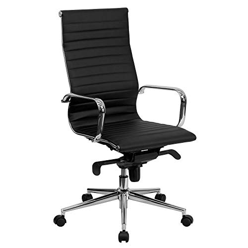 Flash Furniture High Back Black Ribbed LeatherSoft Executive Swivel Office Chair with Knee-Tilt Control and Arms
