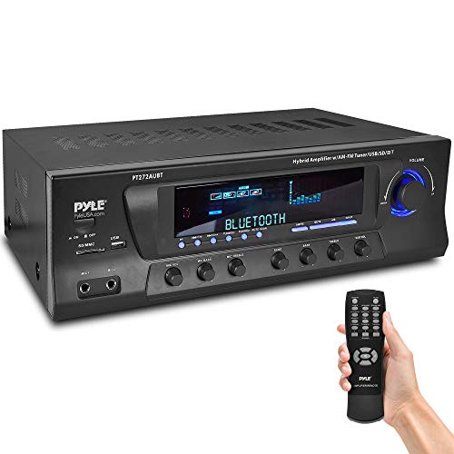 Pyle Wireless Bluetooth Audio Power Amplifier - 300W 4 Channel Home Theater Stereo Receiver with USB, AM FM, 2 Mic IN with Echo, RCA, LED, Speaker Selector - For Studio, Home Use -  PT272AUBT