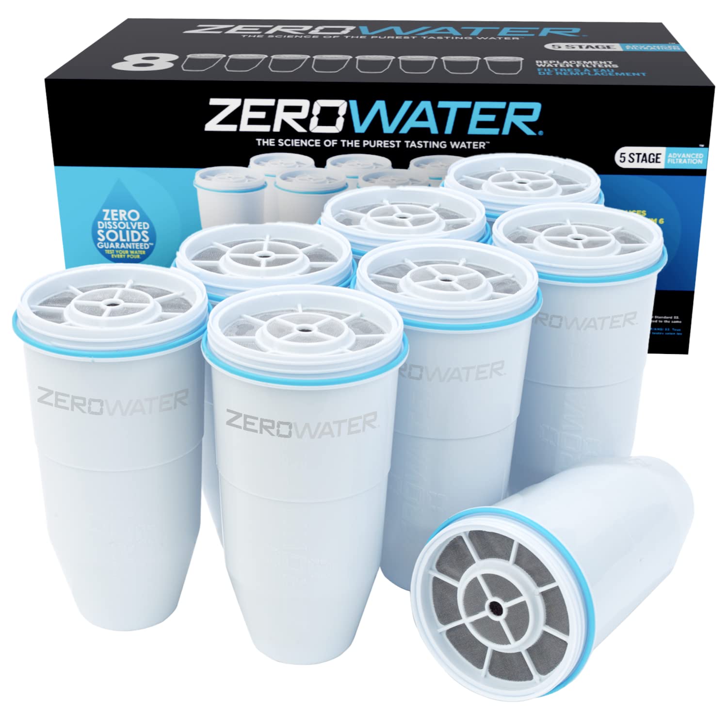 ZeroWater Official Replacement Filter - 5-Stage Filter Replacement 0 TDS for Improved Tap Water Taste - NSF Certified to Reduce Lead, Chromium, and PFOA/PFOS, 8-Pack
