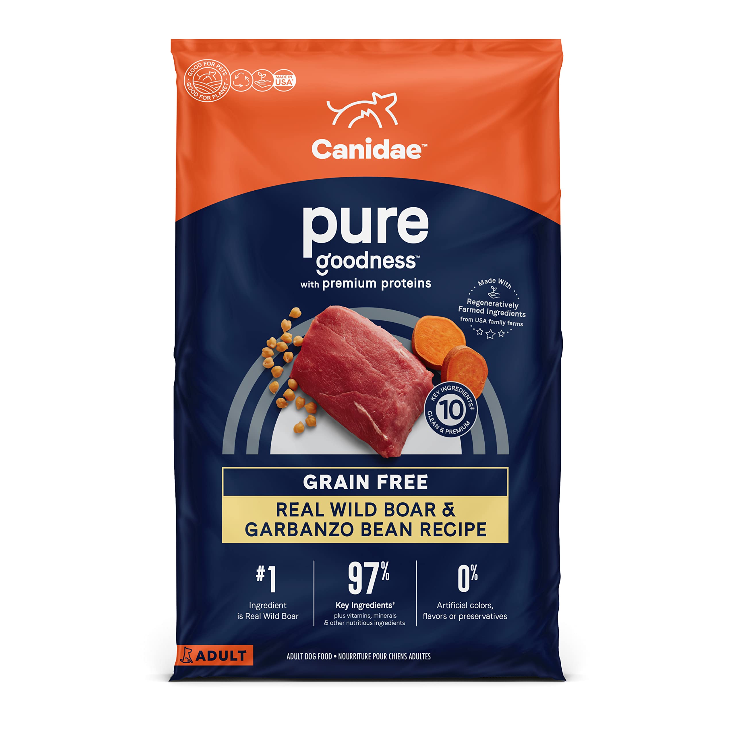 Canidae Pure Limited Ingredient Premium Adult Dry Dog Food, Real Wild Boar & Garbanzo Bean Recipe, 22 lbs, Grain Free