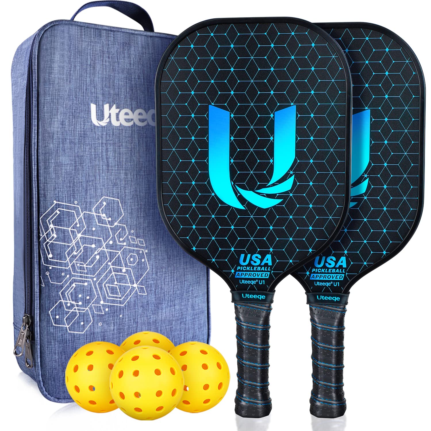  Uteeqe Pickleball Paddles Set of 2 - Graphite Surface with High Grit & Spin, USAPA Approved Pickleball Set Pickle Ball Raquette Lightweight Polymer Honeycomb Non-Slip Grip w/ 4 Outdoor Balls &...