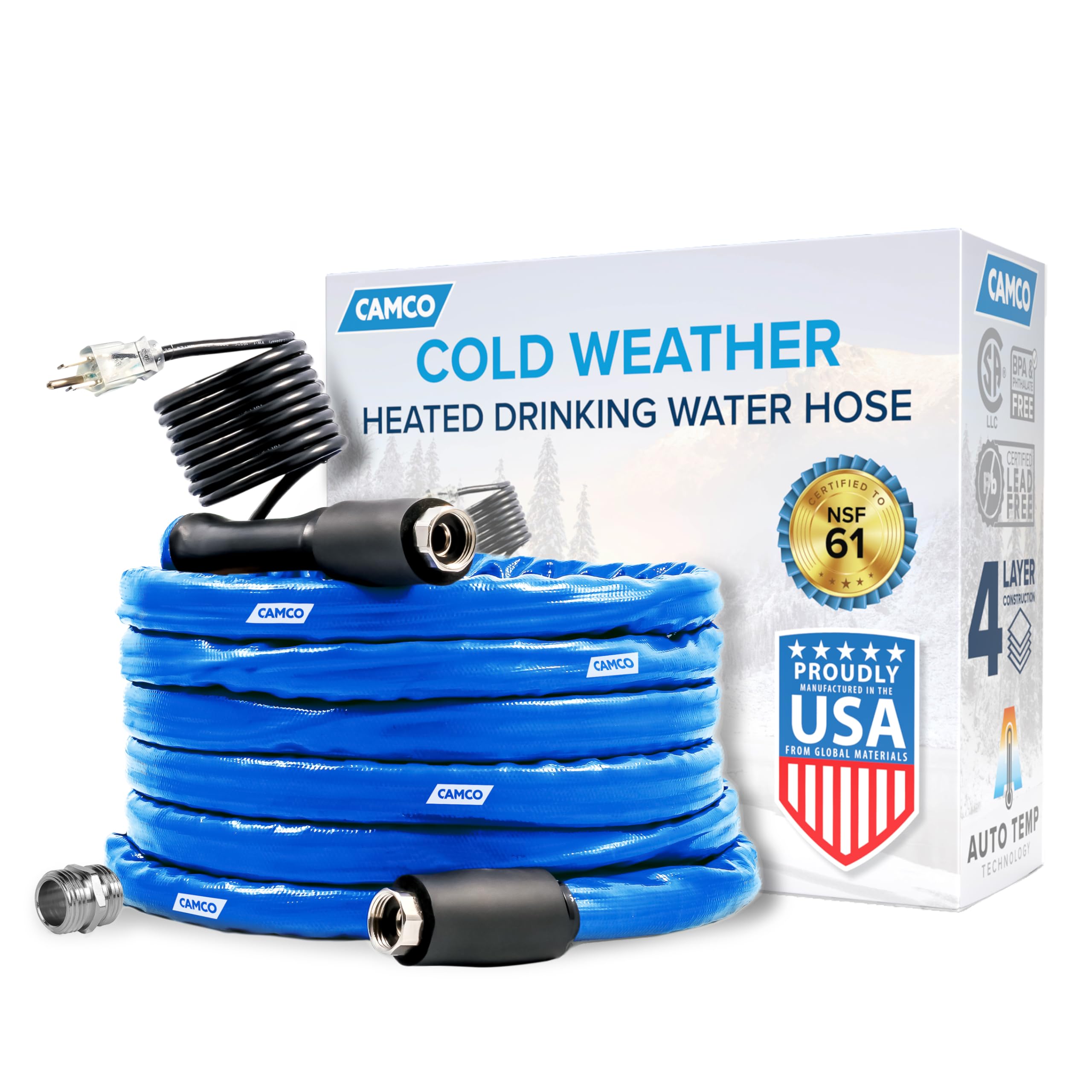 Camco 50-Foot Heated Drinking Water Hose | Features Water Line Freeze Protection Down to -20°F/-28°C & Energy-Saving Thermostat | Includes Adapter for Connection to Either End of Hose (22912)