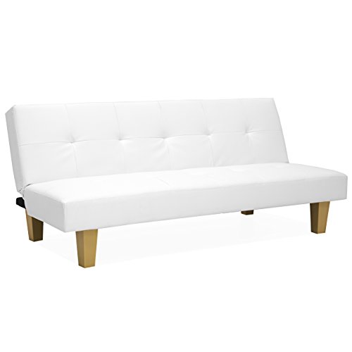 Best Choice Products Upholstered Tufted Faux Leather Convertible Couch Futon Sofa Bed w/Sturdy Wood Frame - White