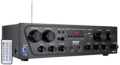 Pyle Wireless Karaoke Bluetooth Stereo Receiver - 4 Channel Power Amplifier w/ USB, Headphone, 2 Microphone Input w/ Echo, Talkover for PA Great for Home Speaker System - PTA42BT