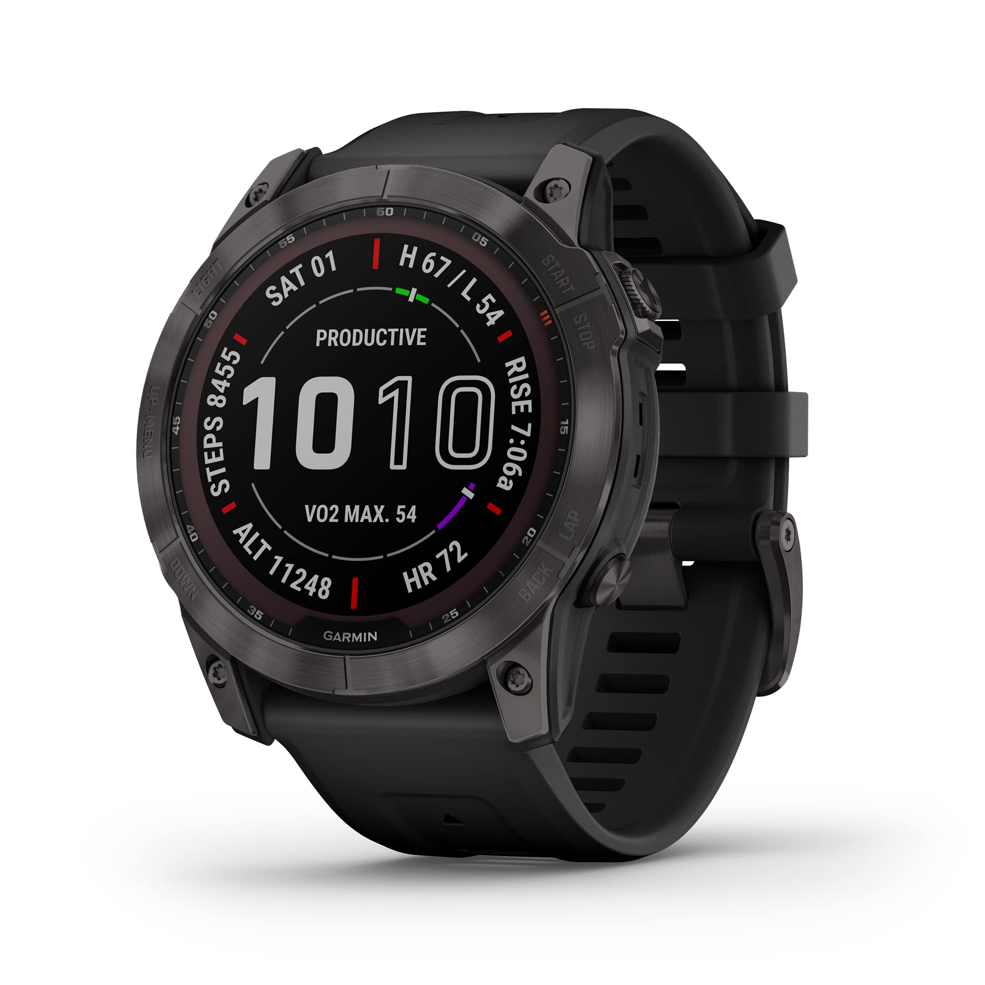 Garmin fenix 7X Sapphire Solar, Larger adventure smartwatch, with Solar Charging Capabilities, rugged outdoor watch with GPS, touchscreen, wellness features, carbon gray DLC titanium with black band