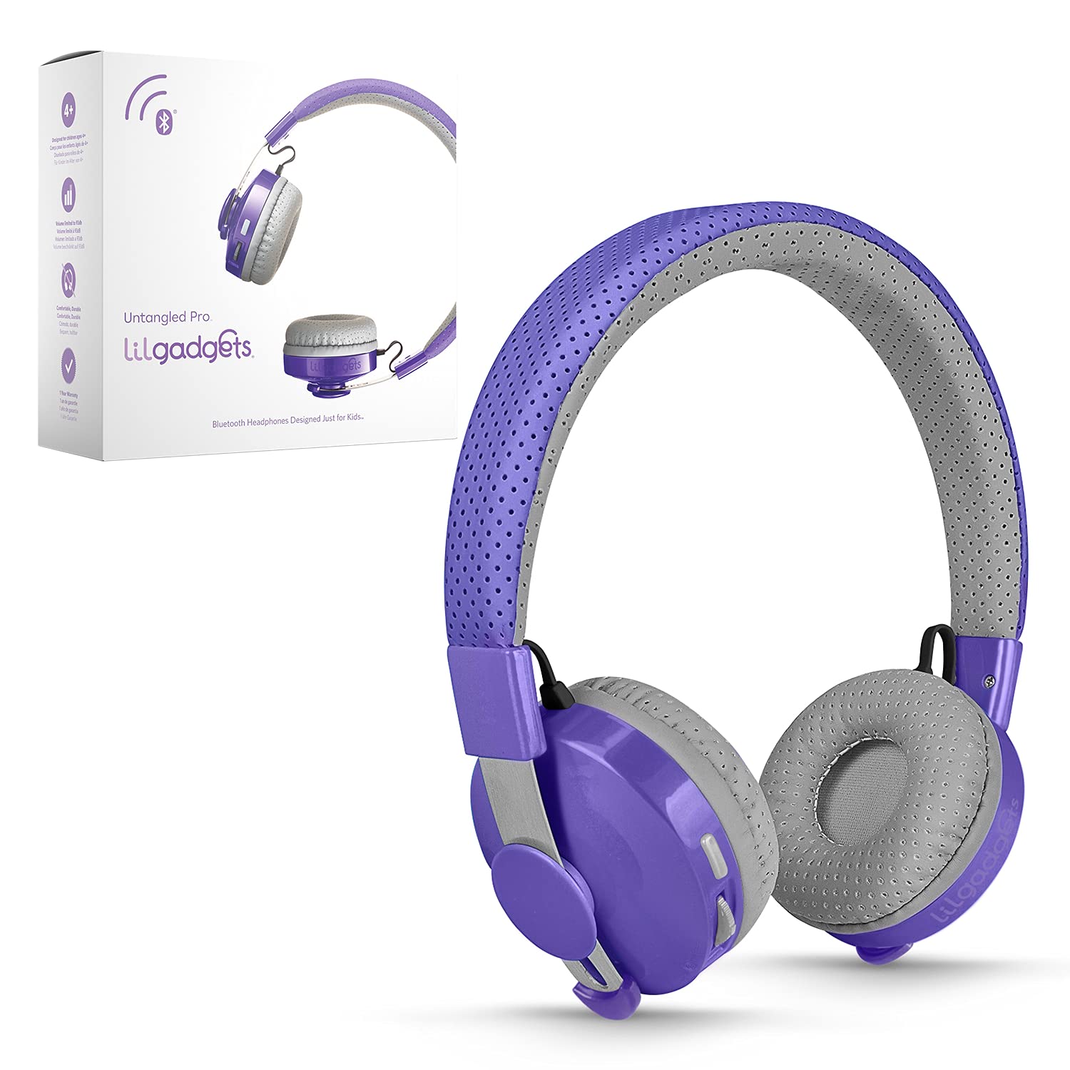 LilGadgets Untangled Pro Wireless Kids Heapdhones, On-Ear Toddler Headphones for Kids for School, Bluetooth Headphones with Microphone - Purple