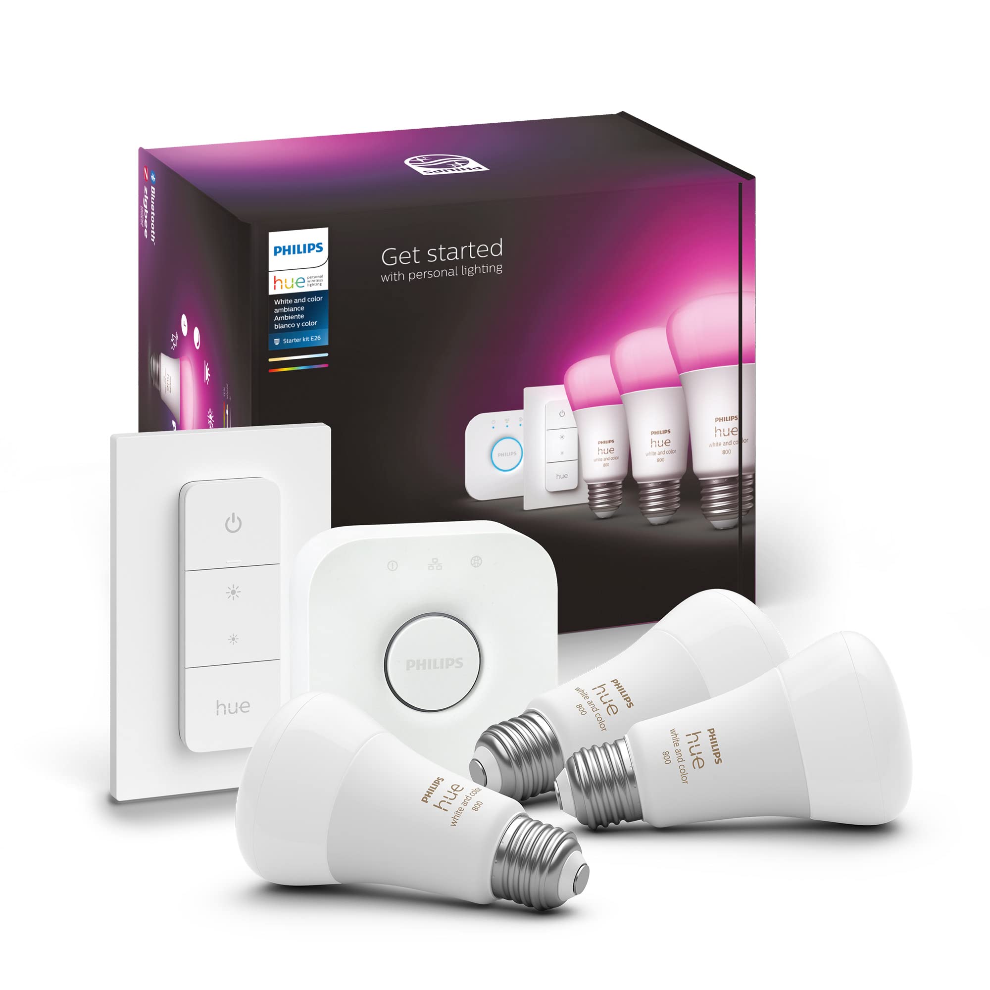 Philips Hue MAIN-54158 White & Color Ambiance LED Starter Kit-3 Multicolor A19 Bulbs, Bridge and Hue Dimmer Switch (Gen 3-Richer Colors), 1 Count (Pack of 1), Multi