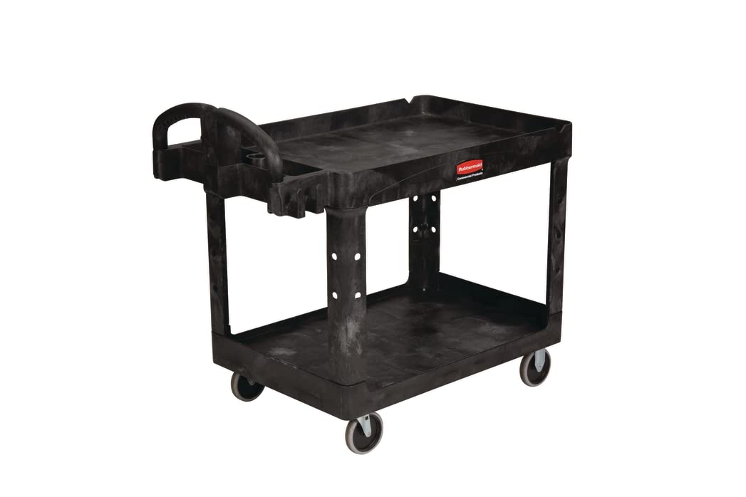 Rubbermaid 2-Shelf Utility/Service Cart, Medium, Lipped Shelves, Ergonomic Handle, 500 Lbs Capacity, for Warehouse/Garage/Cleaning/Manufacturing (FG452088BlA)