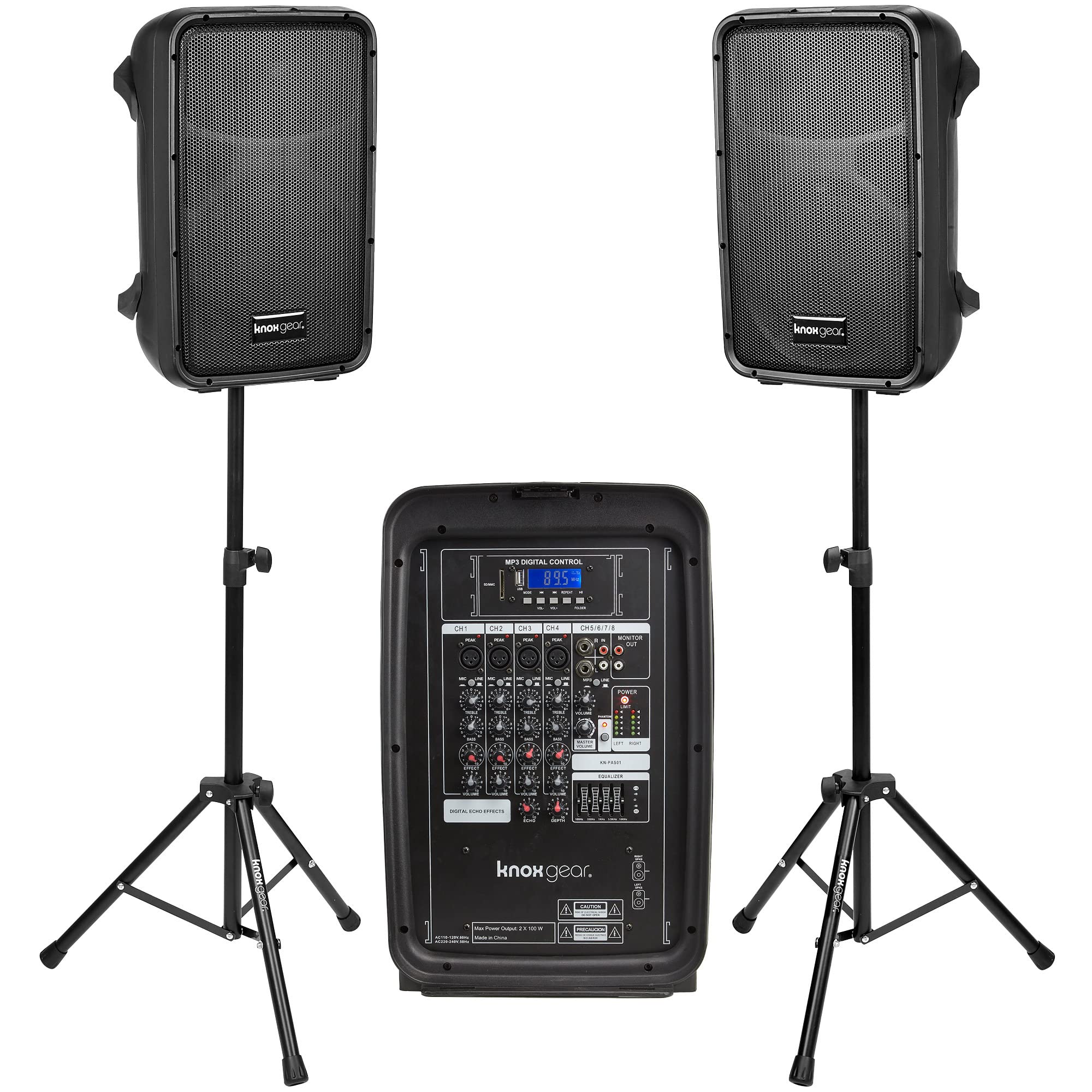  Knox Gear Knox Dual Speaker and Mixer Set–Portable 8” 300 Watt DJ PA System with Wired Microphone & Tripod Stands, 8 Channel Amplifier, Bluetooth, USB, SD, 1/4” Line RCA, XLR Inputs, Ideal for...