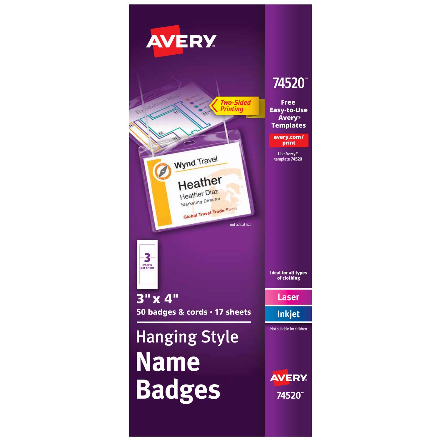 Avery 74459 Neck Hang Badge Holder w/Laser/Inkjet Inser...