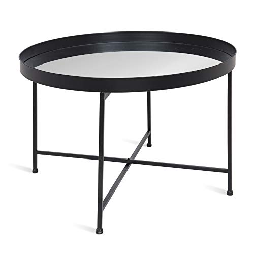 Kate and Laurel Celia Round Metal Foldable Coffee Table with Mirrored Tray Top, Black