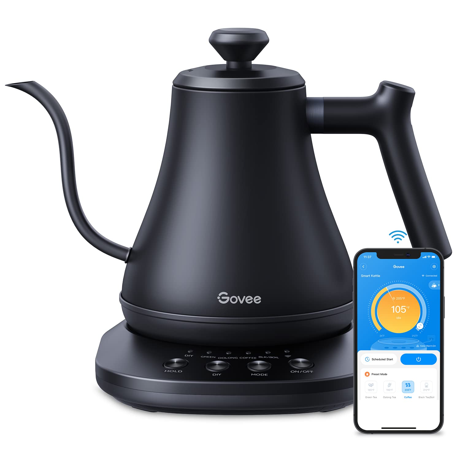 Govee Smart Electric Kettle, WiFi Variable Temperature Gooseneck Pour Over Kettle and Tea Kettle, Alexa Control, 1200W Quick Heating, 100% Stainless Steel, 0.8L, Matte Black