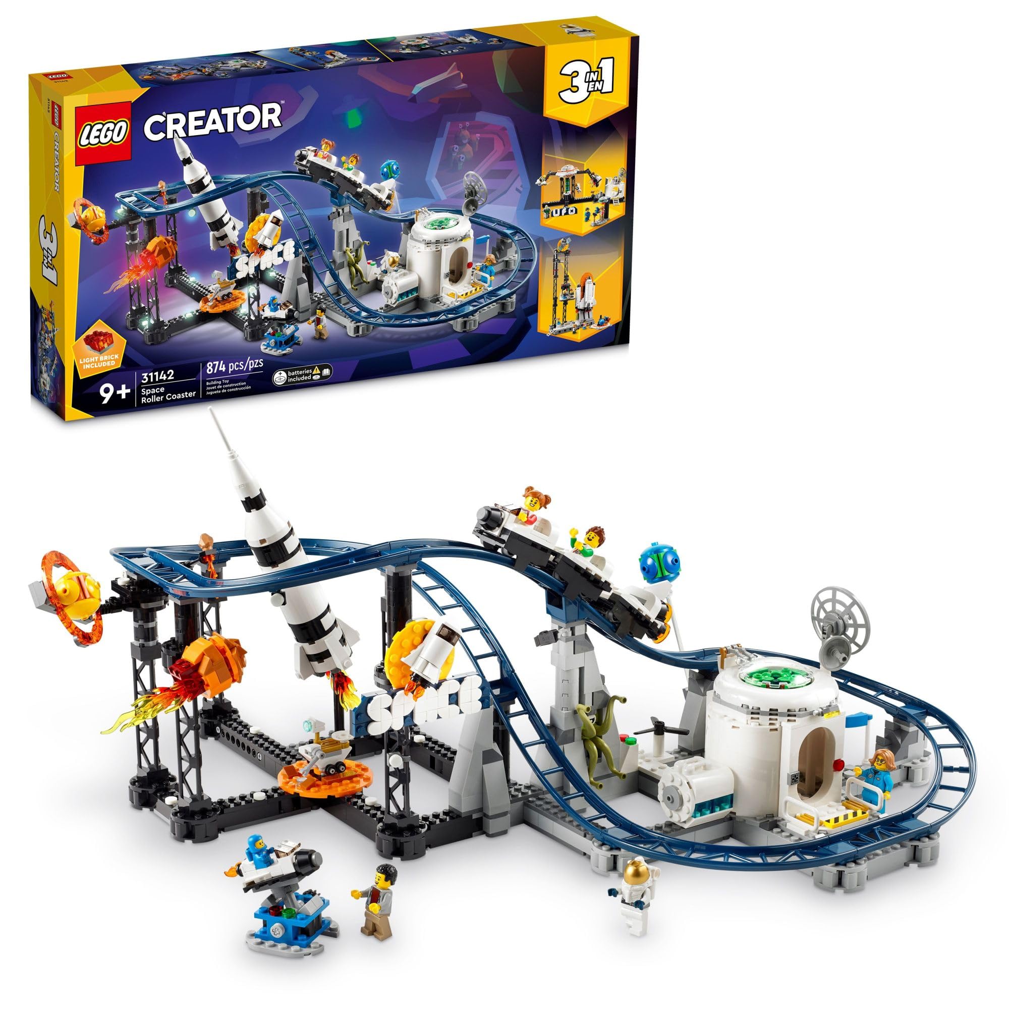 LEGO Creator Space Roller Coaster 31142 3 in 1 Building Toy Set Featuring a Roller Coaster, Drop Tower or Carousel Plus 5 Minifigures, Rebuildable Amusement Park Christmas Toy for Kids Ages 9 and Up