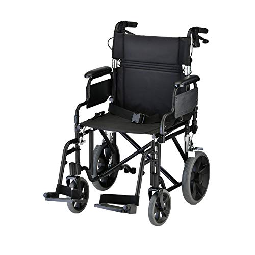 NOVA Medical Products Lightweight Transport Chair with Locking Hand Brakes, 12? Rear Wheels, Removable & Flip Up Arms for Easy Transfer, Anti-Tippers Included, Black