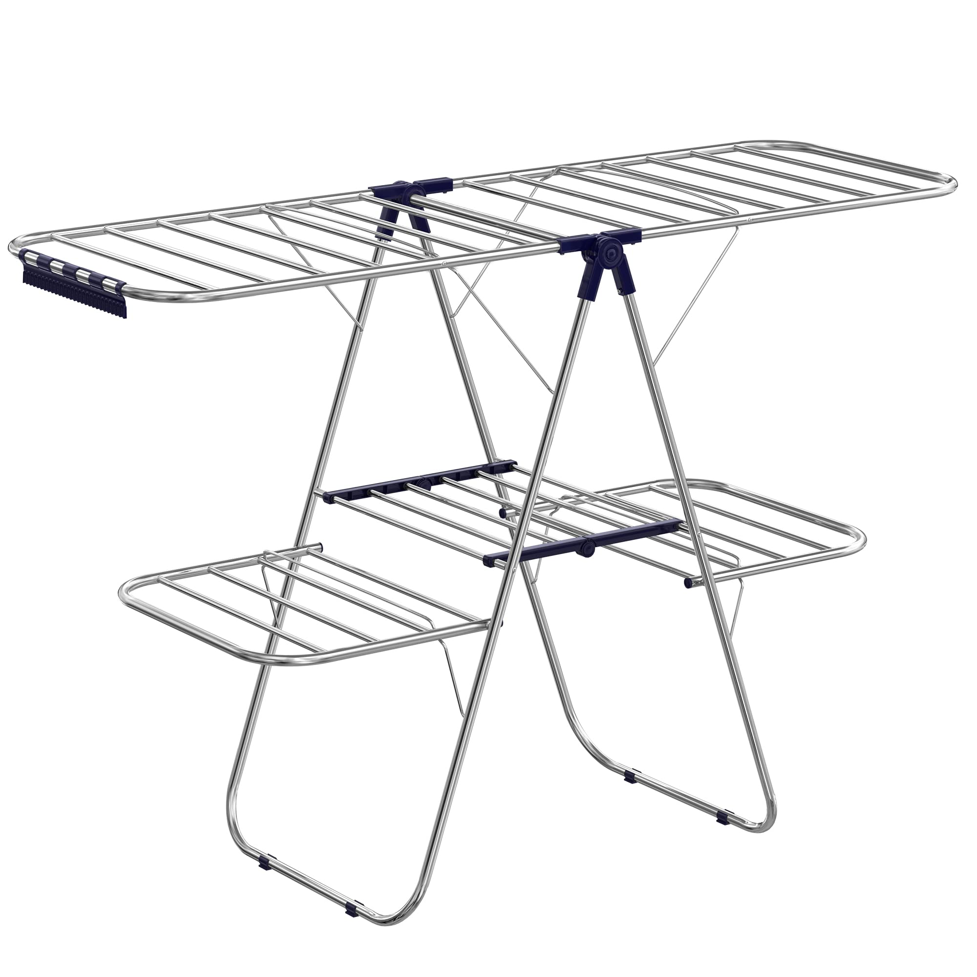 Songmics Clothes Drying Rack, Foldable 2-Level Stable Indoor Airer, Free-Standing Laundry Stand, with Height-Adjustable Gullwings, for Bed Linen, Clothing, Socks, Scarves