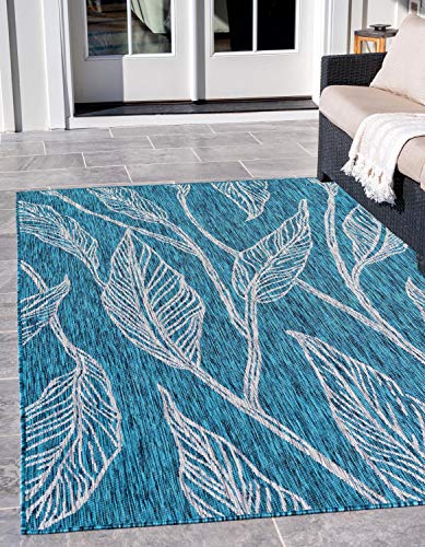Unique Loom Outdoor Botanical Collection Casual Leafs Transitional Indoor and Outdoor Flatweave Teal  Area Rug (7' 0 x 10' 0)